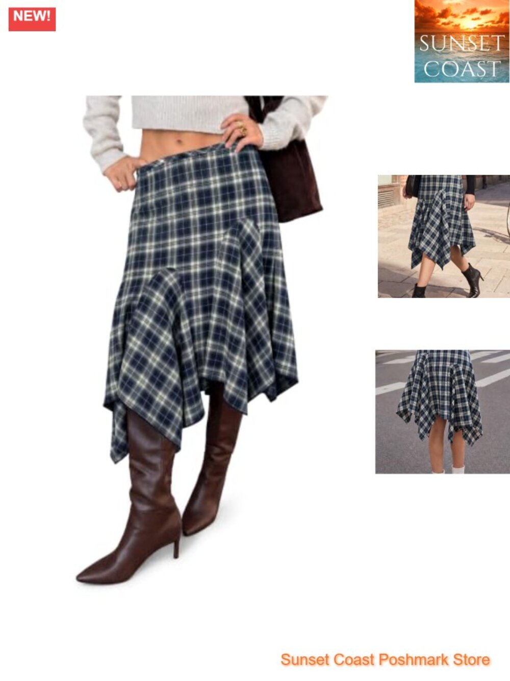 Women's Plaid Midi Skirt Y2K Low Waist Asymmetrical Flowy A-Line